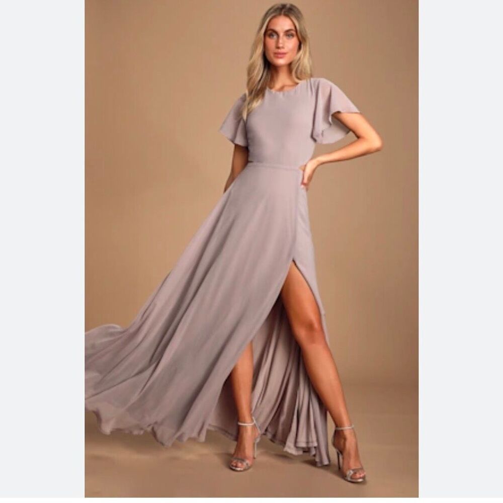 Lulus open back maxi garden bliss flutter sleeve bridesmaid lavender mauve lengt